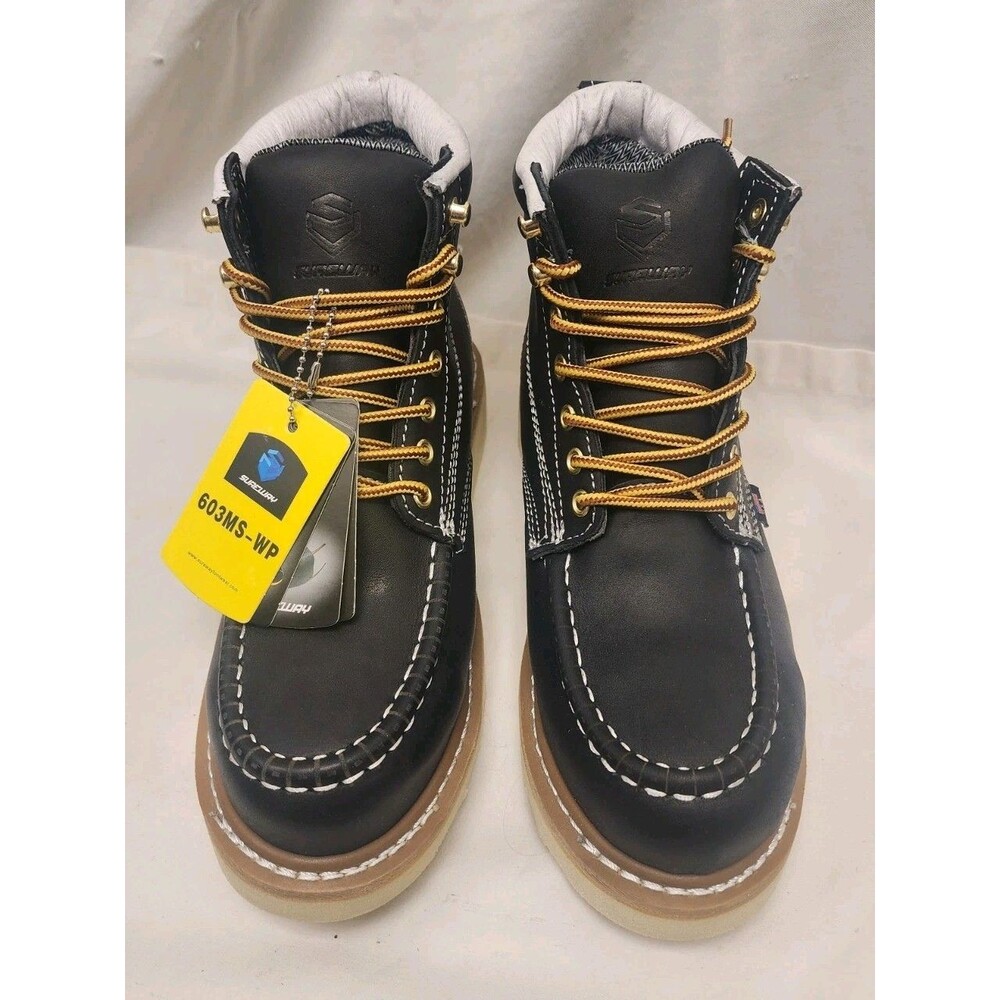 Sureway Full-Grain Leather Boots Steel Toe Black Slip Resistant Men 6 Women 8